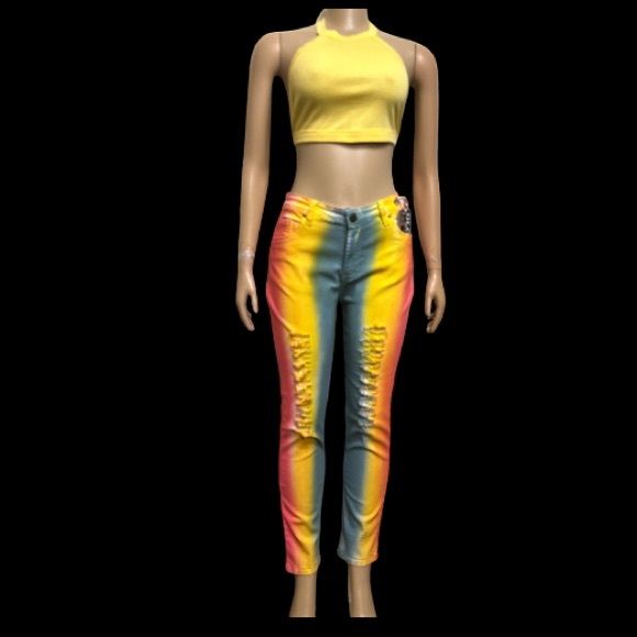 GLORY DENIM
Ladies Tie Dye Denim Ripped Jean - Red - Yellow - Green size 14 - Picture 5 of 11